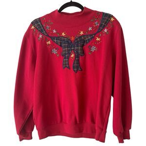 Alfred Dunner Vintage Red Pullover Christmas Sweatshirt Plaid Bow Floral Large